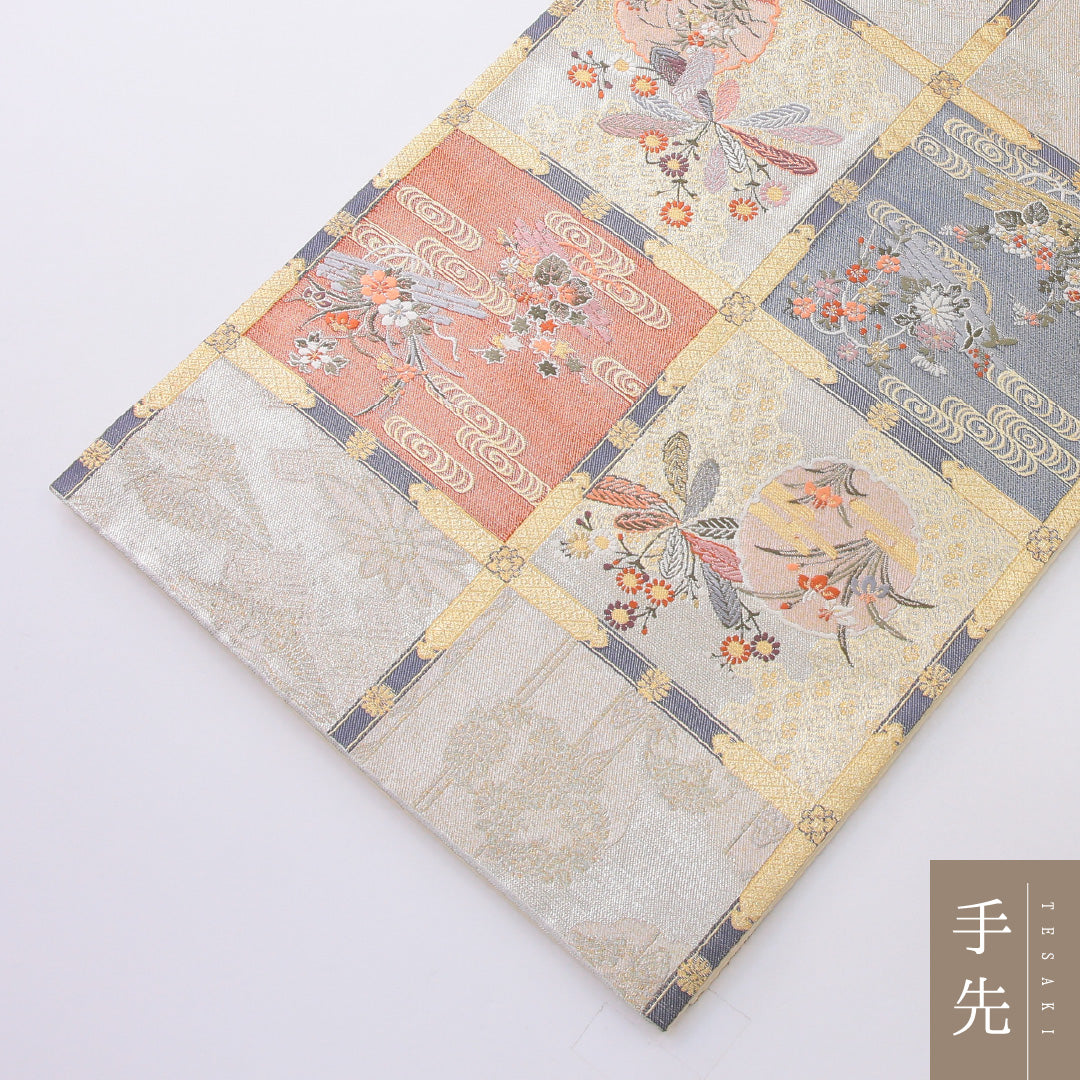 袋帯 帯丈448cm 正絹 六通 フォーマル 格天井 吉祥文様 クリーム系 1243-02219