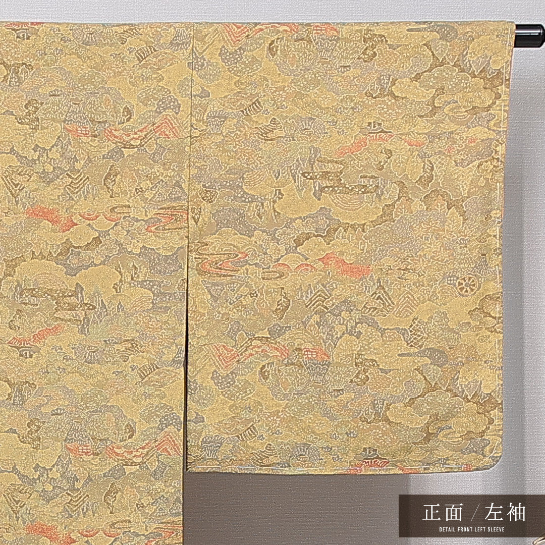 紬 袷 身丈156cm 裄丈64cm 正絹 Sランク カジュアル 広衿 Mサイズ 風景柄 緑系 RP 1223-15472