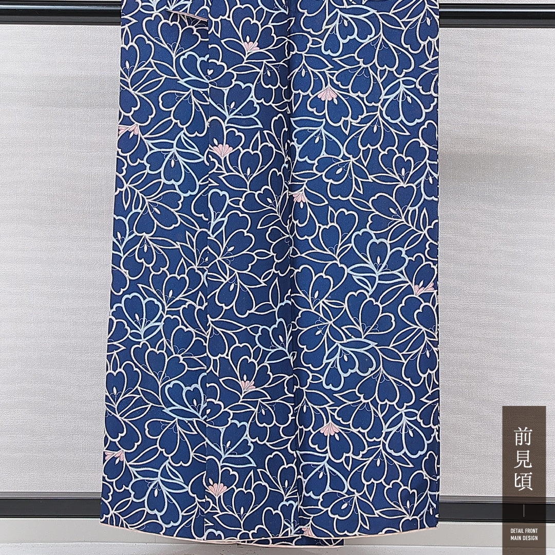 小紋 袷 身丈155cm 裄丈62cm 正絹 Cランク インフォーマル バチ衿 Mサイズ 花柄 青系 HP 1221-15568