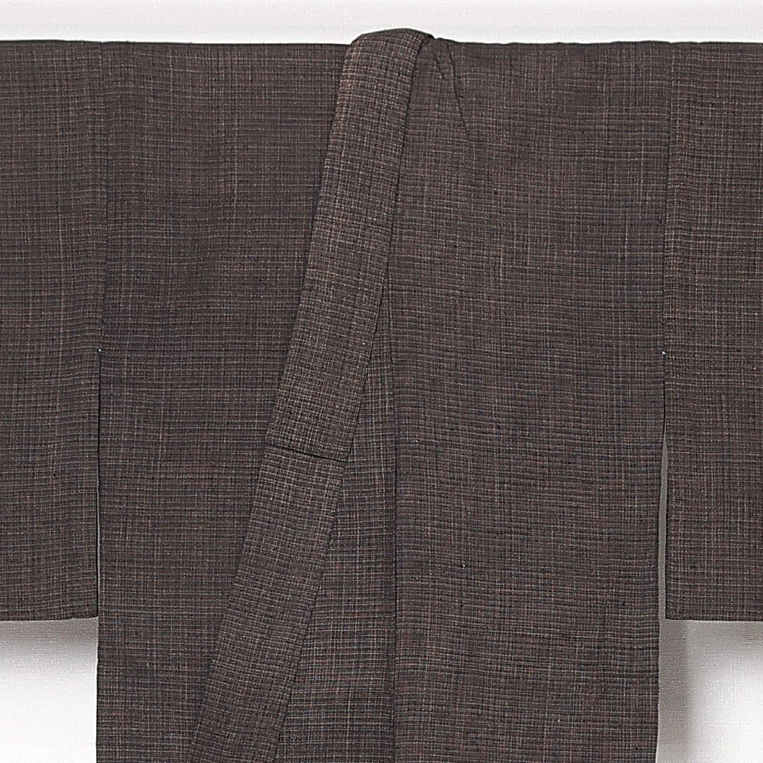 アンティーク 木綿の紬（書生絣） 洗える着物 単衣 身丈150cm 裄丈63cm 木綿 Cランク Sサイズ 棒衿 肩当て 格子 茶系 1216-13078