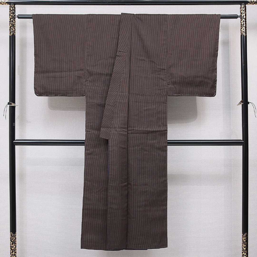男着物 袷 身丈142cm 裄丈62cm 正絹 Sランク カジュアル 棒衿 Mサイズ 縞 茶系 M4 1224-15766