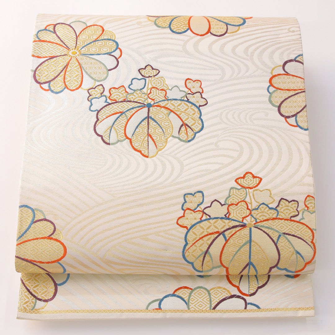 未使用品 袋帯 帯丈436cm 正絹 六通 フォーマル 家紋柄 荒磯 菊 桐 クリーム系 1243-02302