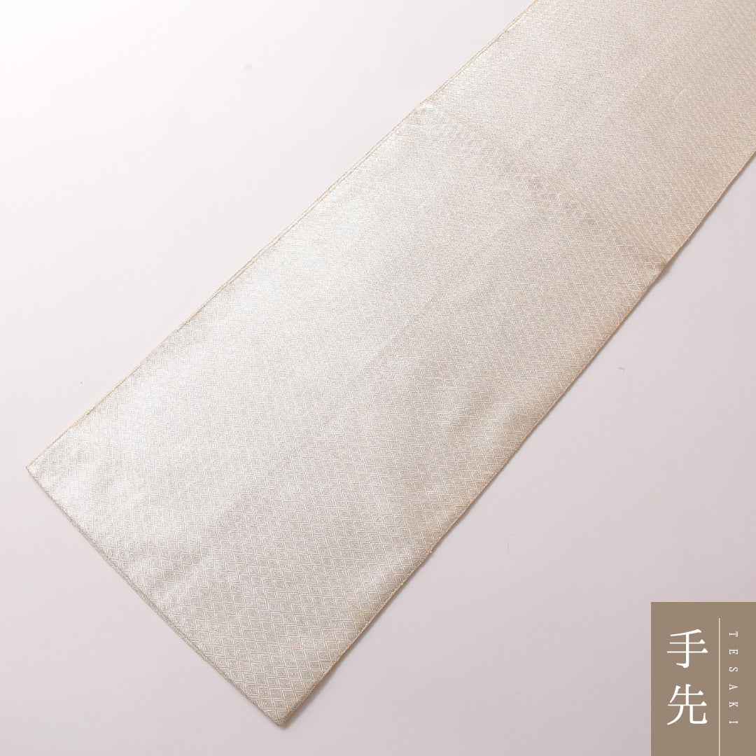袋帯 帯丈440cm 正絹 ポイント柄 フォーマル ふくれ織 鶴 花菱 白系 銀系 1243-01850