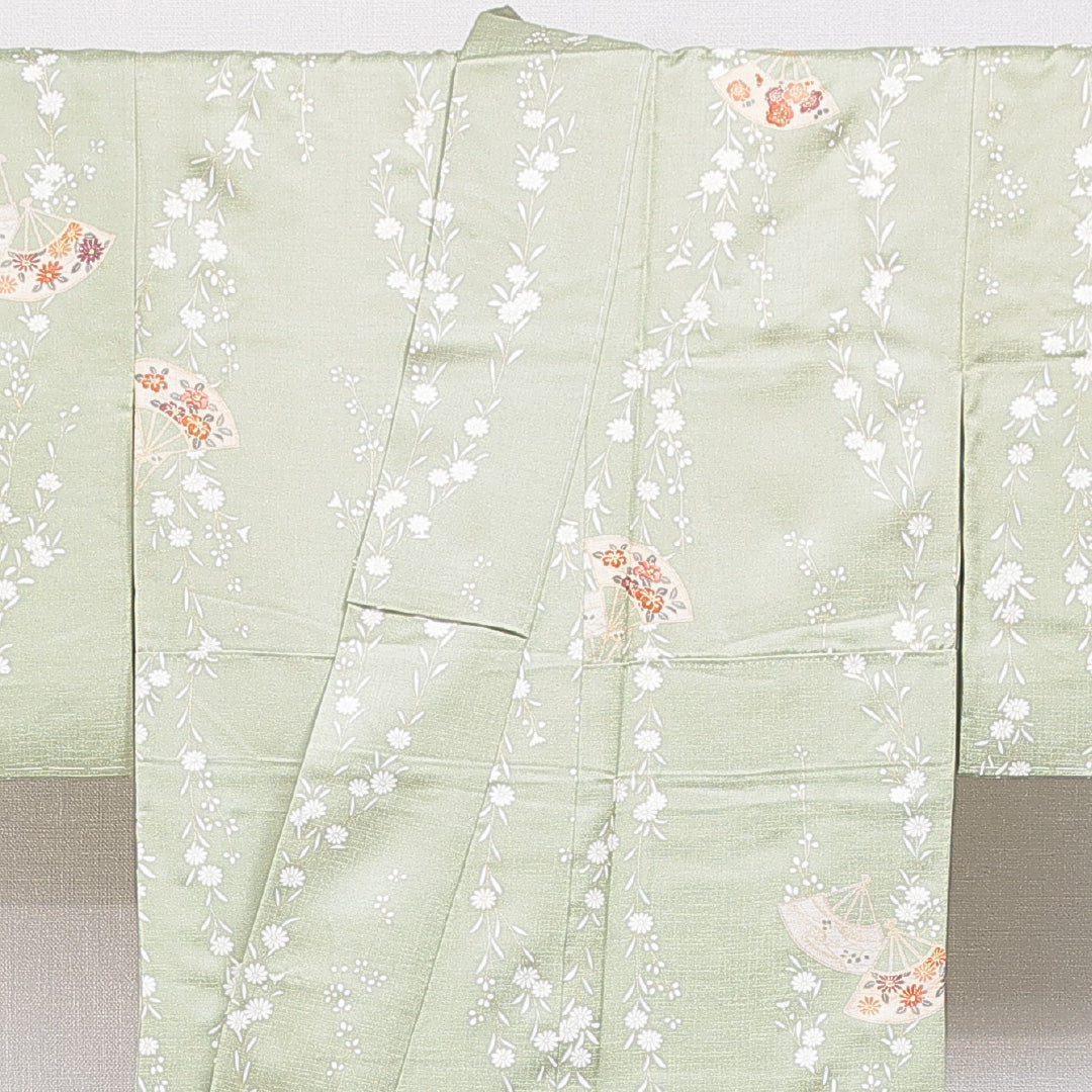 小紋 袷 身丈152cm 裄丈61cm 正絹 Sランク Sサイズ 広衿 インフォーマル ちりめん 山 証紙 緑系 1215-15907