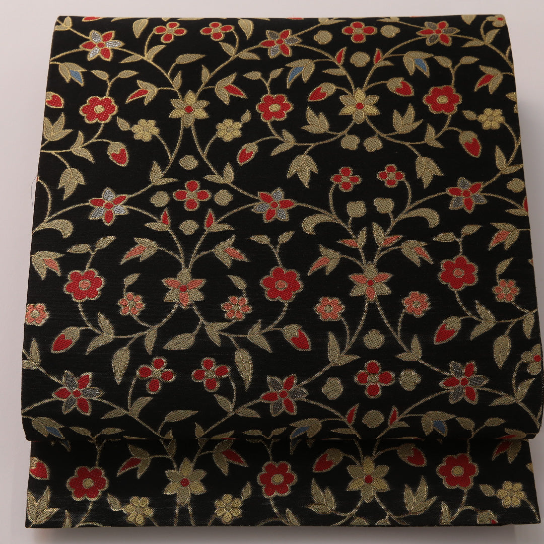 袋帯 帯丈440cm フォーマル 六通 Sランク 正絹 唐草 黒系 金系 1223-01897