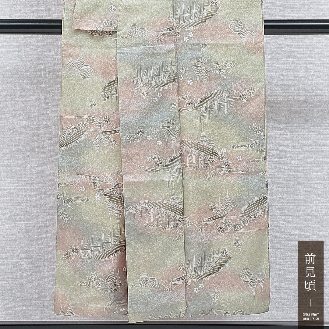洗える着物 小紋 袷 身丈148cm 裄丈61cm ポリエステル Aランク インフォーマル 広衿 XSサイズ 古典柄 緑系 RP 1221-16317