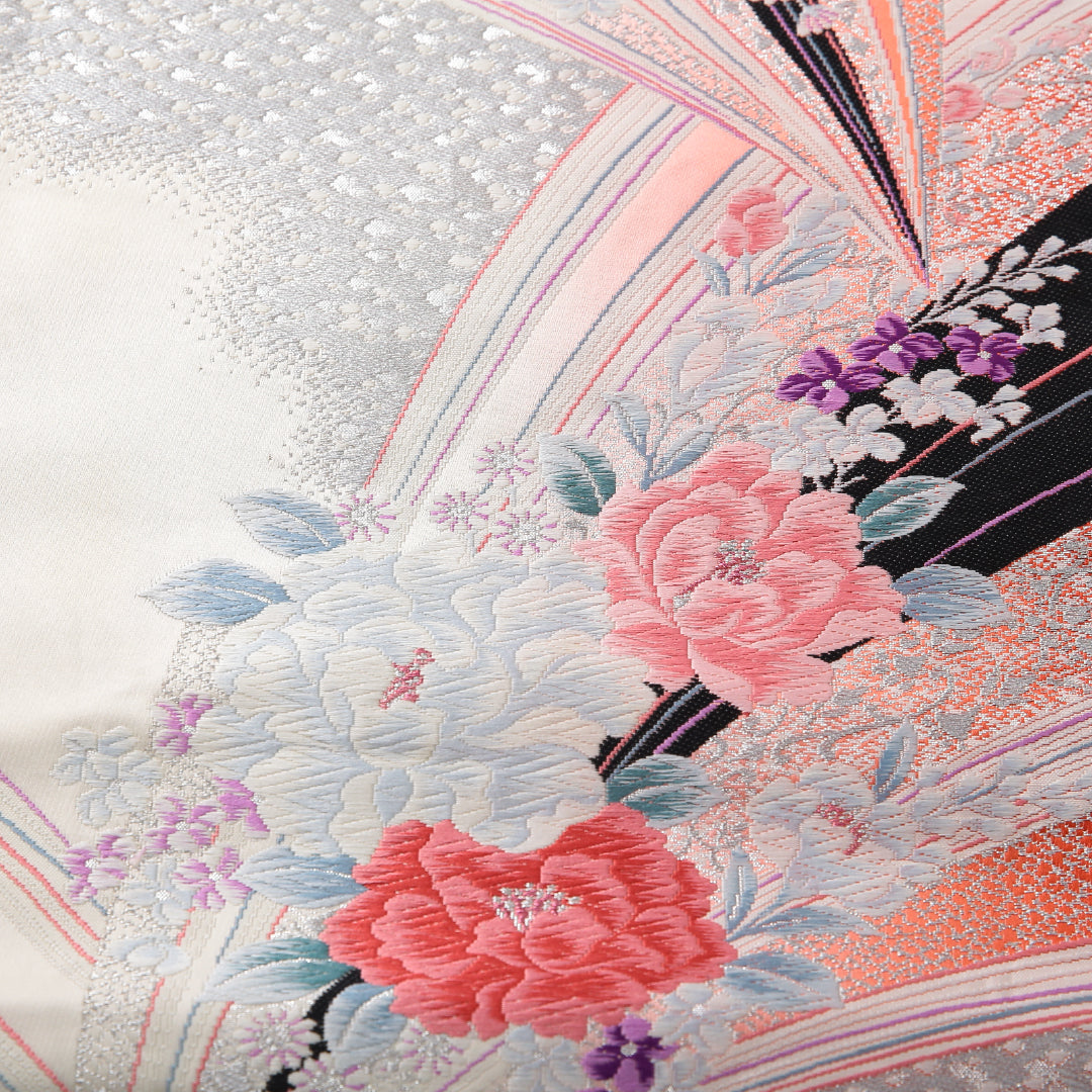 振袖用 袋帯 帯丈436cm 正絹 六通 花柄 吉祥文様 クリーム系 1243-02153