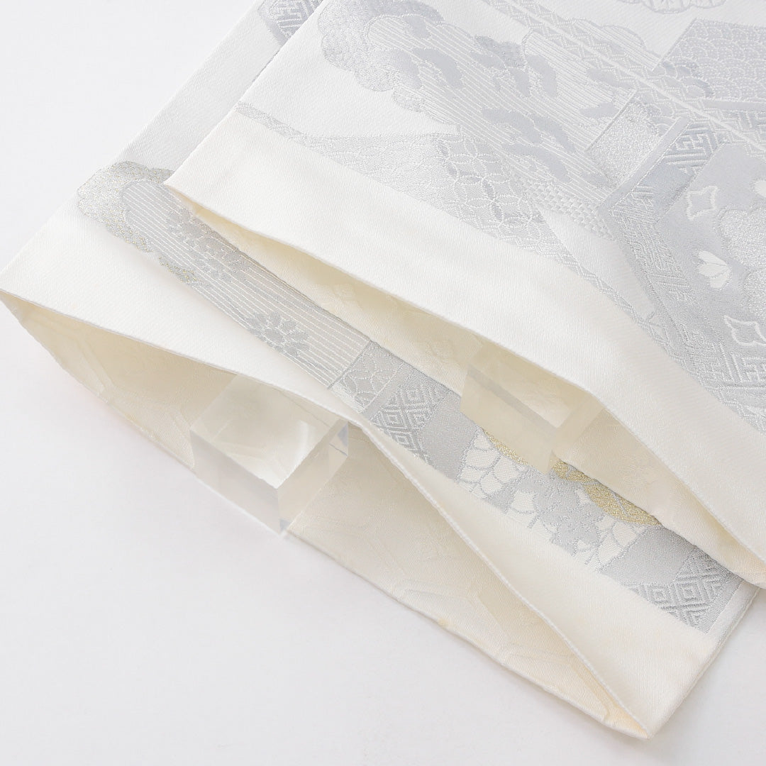 袋帯 帯丈438cm フォーマル 六通 未仕立て 帯芯なし Aランク 正絹 亀甲 クリーム系 銀系 1223-02231