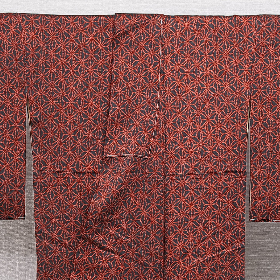 小紋 袷 身丈152cm 裄丈61cm 正絹 Cランク インフォーマル 広衿 Sサイズ 麻の葉 赤系 LP 1221-16418