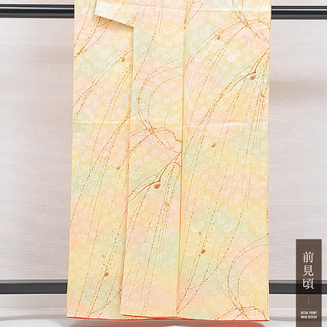 洗える着物 小紋 袷 身丈159cm 裄丈66cm ポリエステル Sランク 紋意匠 (菊) インフォーマル バチ衿 Mサイズ 部分絞り 創作柄 黄系 RP 1221-15953
