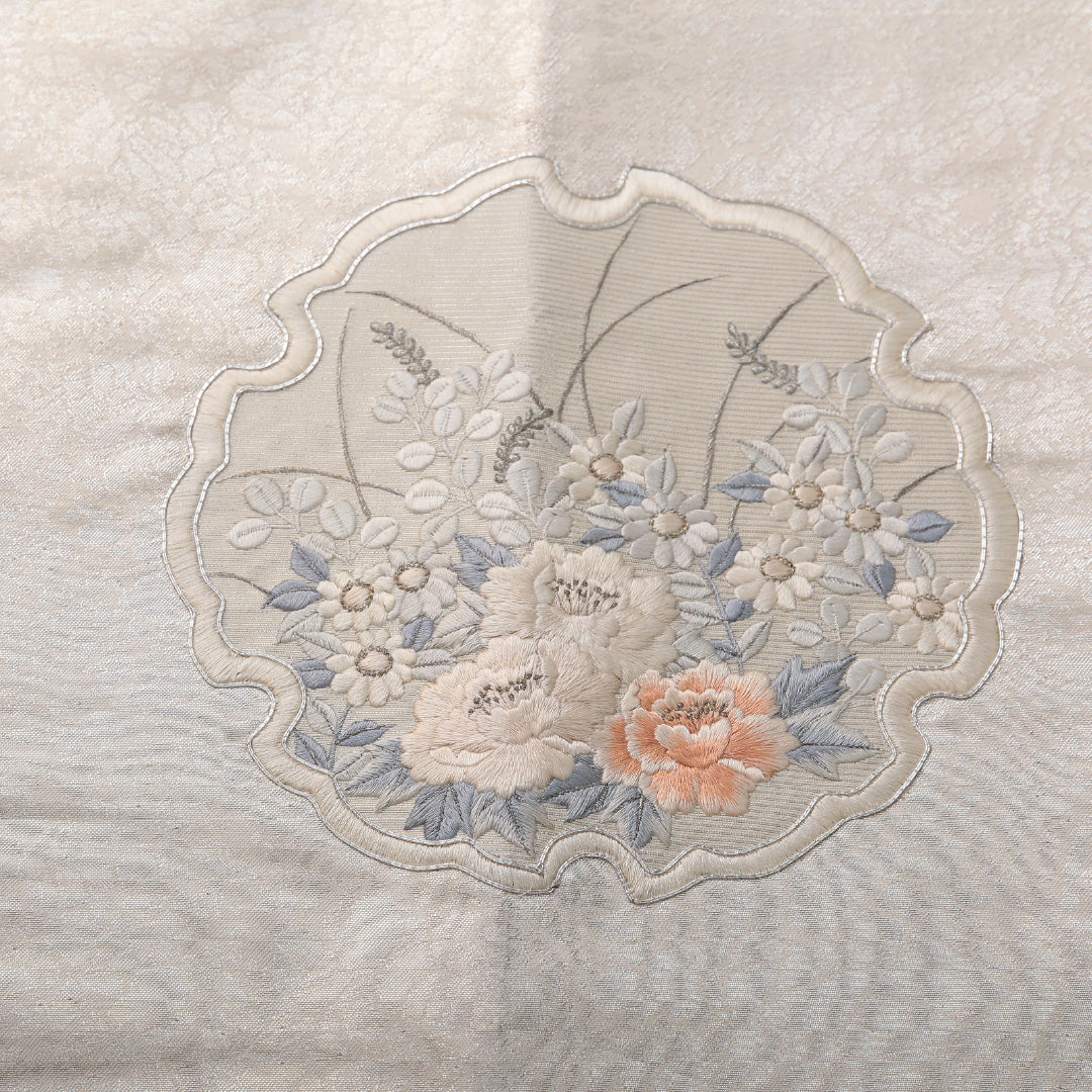 九寸名古屋帯 帯丈358cm セミフォーマル 名古屋仕立て ポイント柄 Cランク 正絹 雪輪 牡丹 銀系 1224-03646