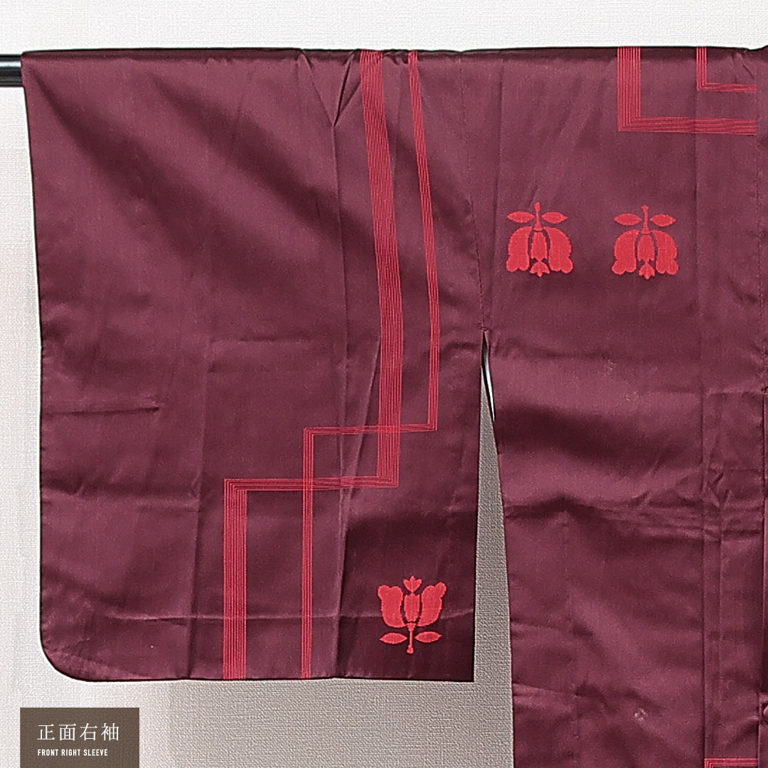 道行コート 単衣 身丈132cm 裄丈65cm 正絹 Cランク セミフォーマル Mサイズ ポケットあり 椿 紫系 LP 1237-15283
