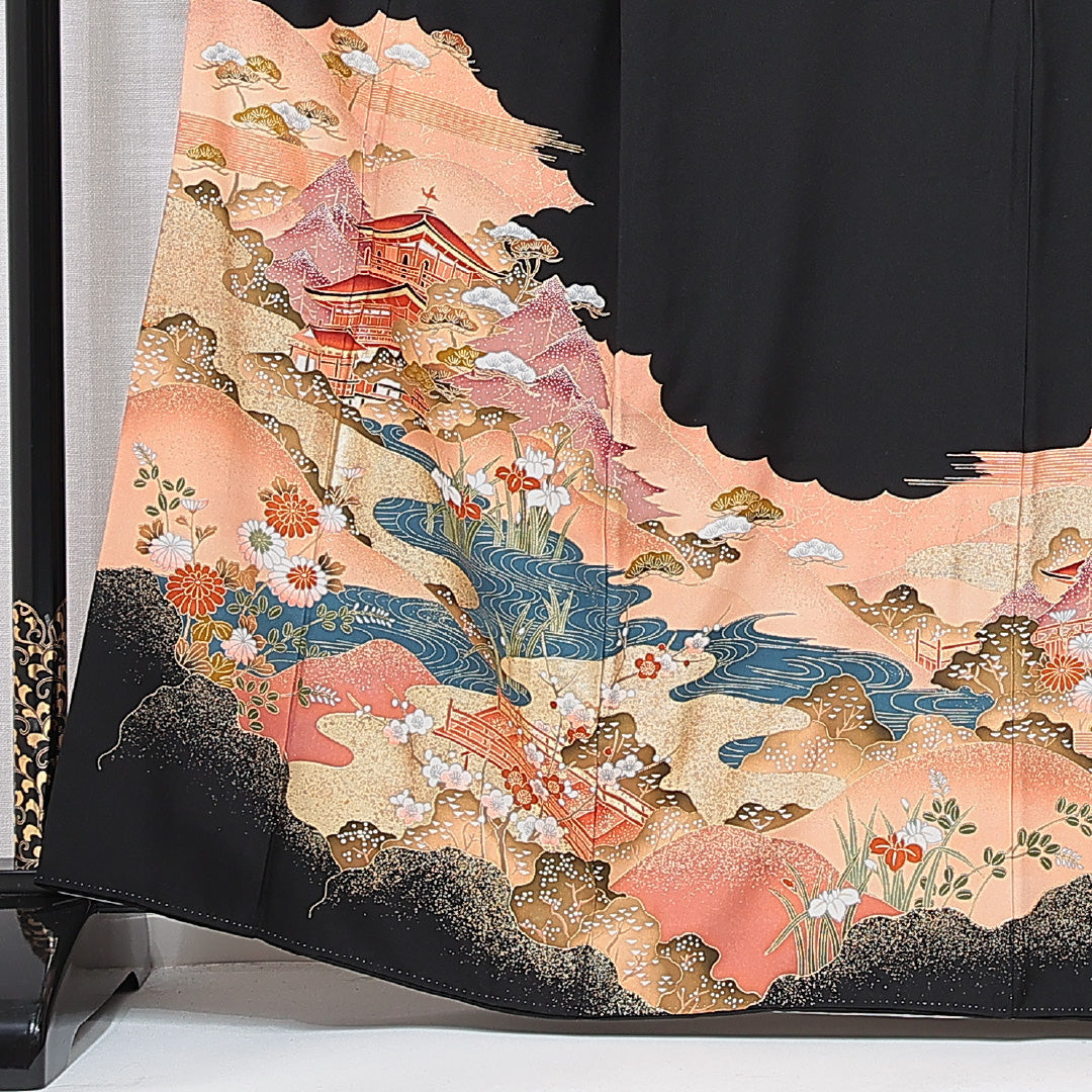 黒留袖 袷 身丈161cm 裄丈64cm 三つ紋 丸に桔梗 フォーマル Aランク Lサイズ 正絹 比翼仕立て 広衿 楼閣 松 1211-F0680