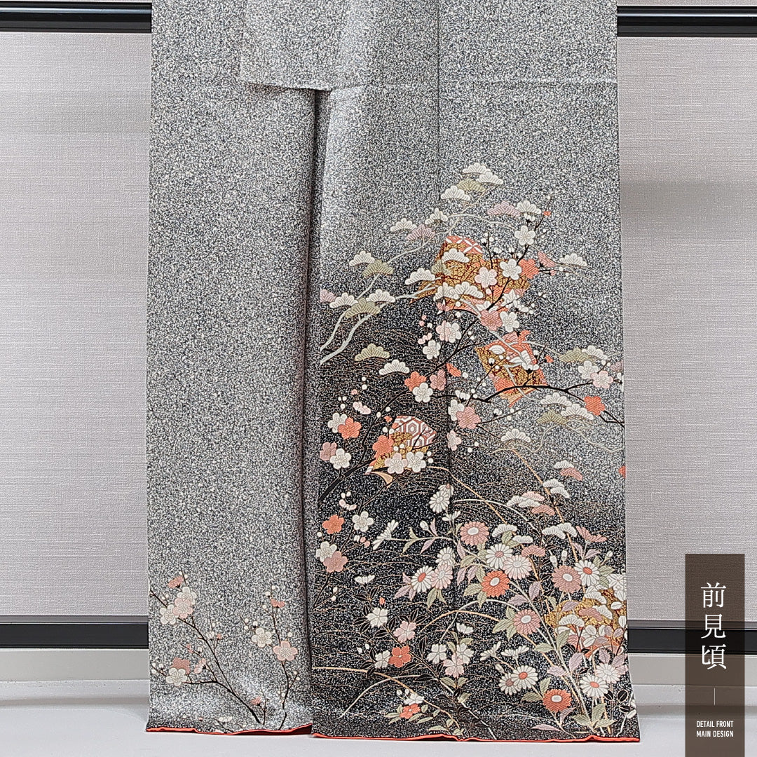 訪問着 身丈168cm 裄丈67cm 正絹 Sランク XLサイズ 広衿 セミフォーマル 梅 松 グレー系 1212-15492