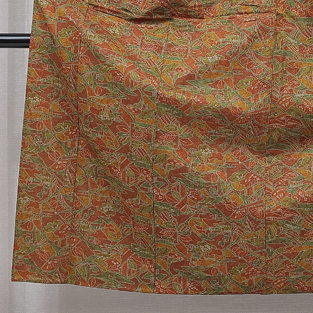洗える着物 ウールの紬 単衣 身丈152cm 裄丈62cm ウール Sランク カジュアル バチ衿 Sサイズ 植物柄 茶系 RP 1223-15367
