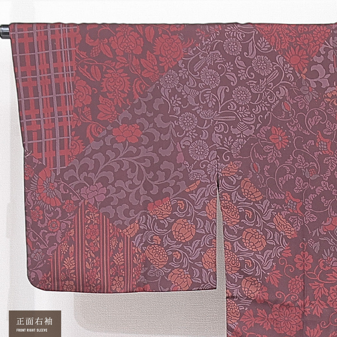 道行コート 袷 身丈86cm 裄丈66cm 正絹 Sランク Mサイズ フォーマル ポケットあり 唐草 縞 紫系 1263-15136