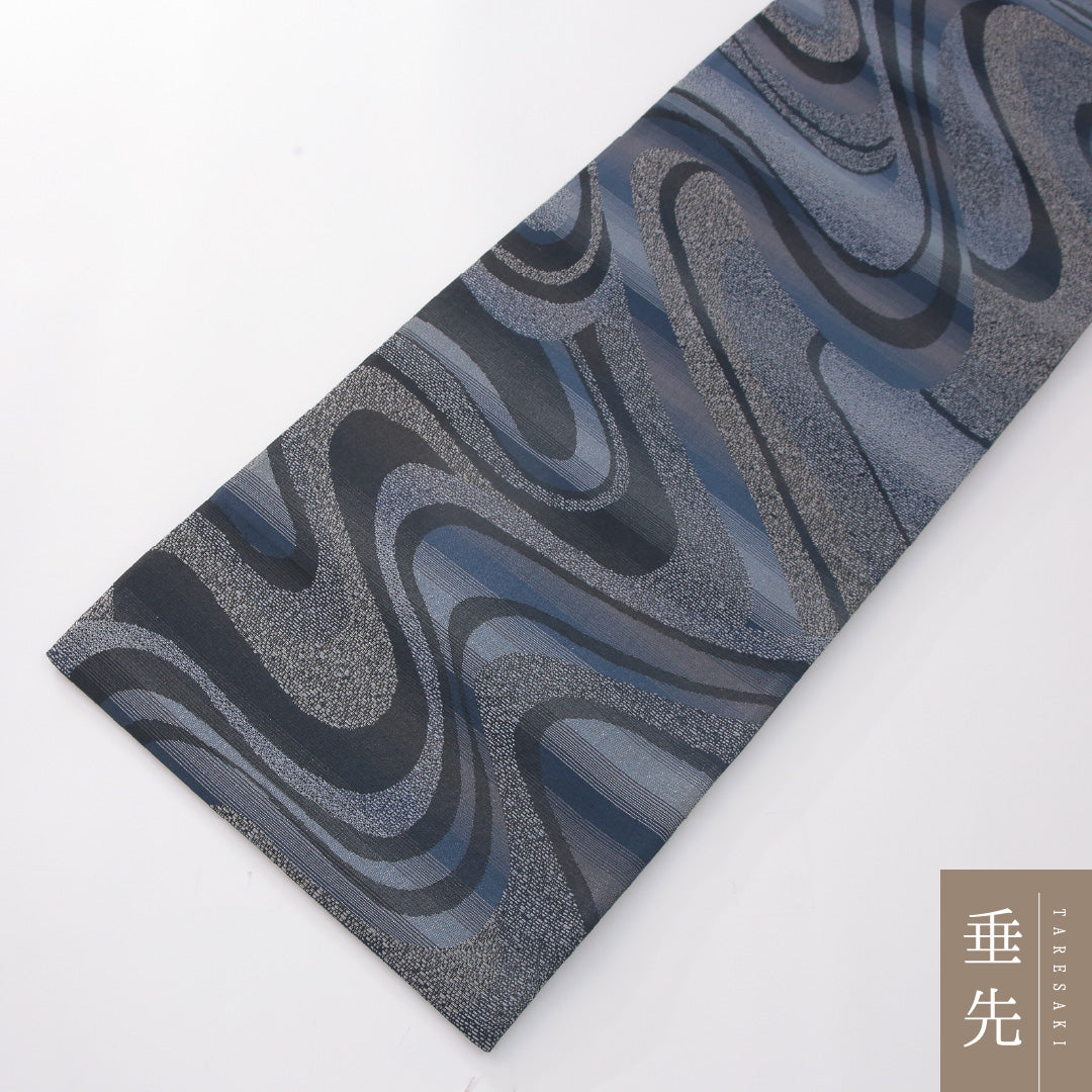 袋帯 帯丈434cm セミフォーマル 全通 帯芯なし Sランク 正絹 流水 藍染和紙織 青系 黒系 1223-02275