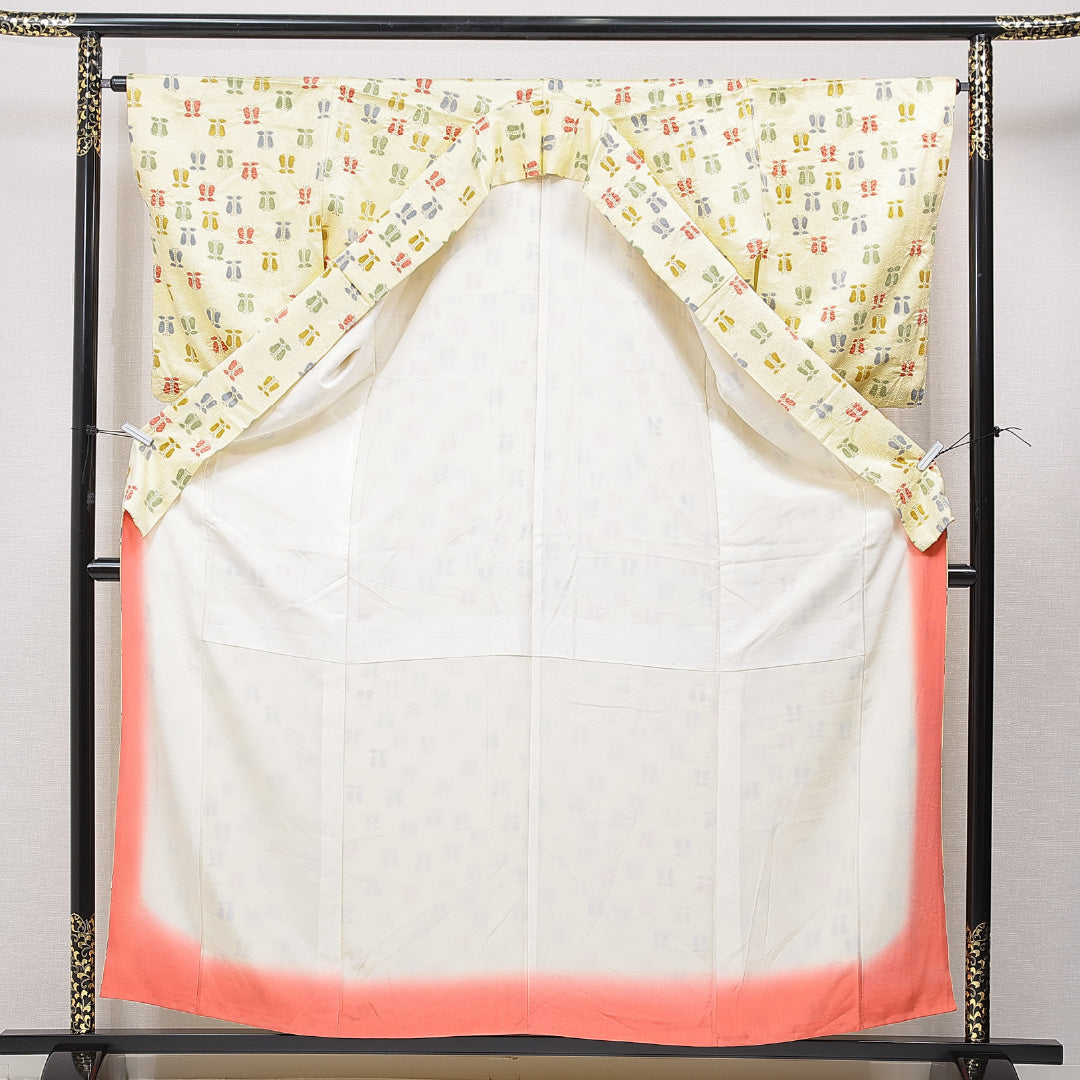 小紋 袷 身丈158cm 裄丈64cm 正絹 Cランク インフォーマル 広衿 Mサイズ 花柄 黄系 HP 1221-15550