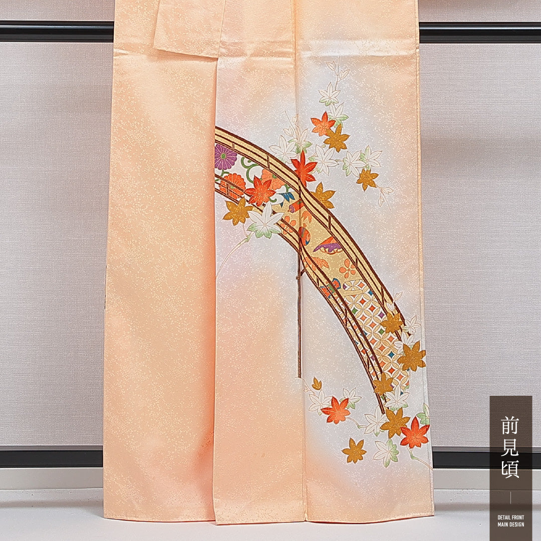 付下げ 洗える着物 袷 身丈162cm 裄丈64cm ポリエステル Cランク Lサイズ 広衿 インフォーマル 古典柄 橋 朱系 クリーム系 1261-16387