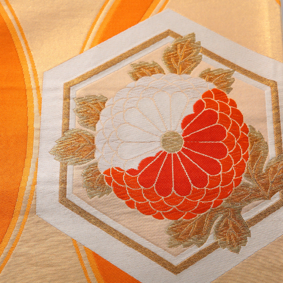 アンティーク 袋帯 帯丈420cm 六通 未仕立て 帯芯なし Aランク 正絹 亀甲 菊 金系 1223-01990