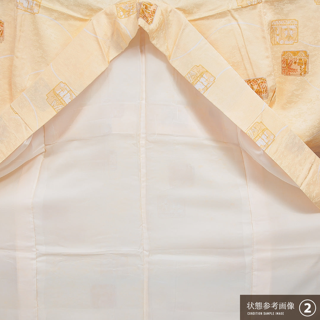小紋 袷 身丈159cm 裄丈63cm 正絹 Bランク インフォーマル 広衿 Mサイズ 鹿 人物 朱系 RP 1221-16053