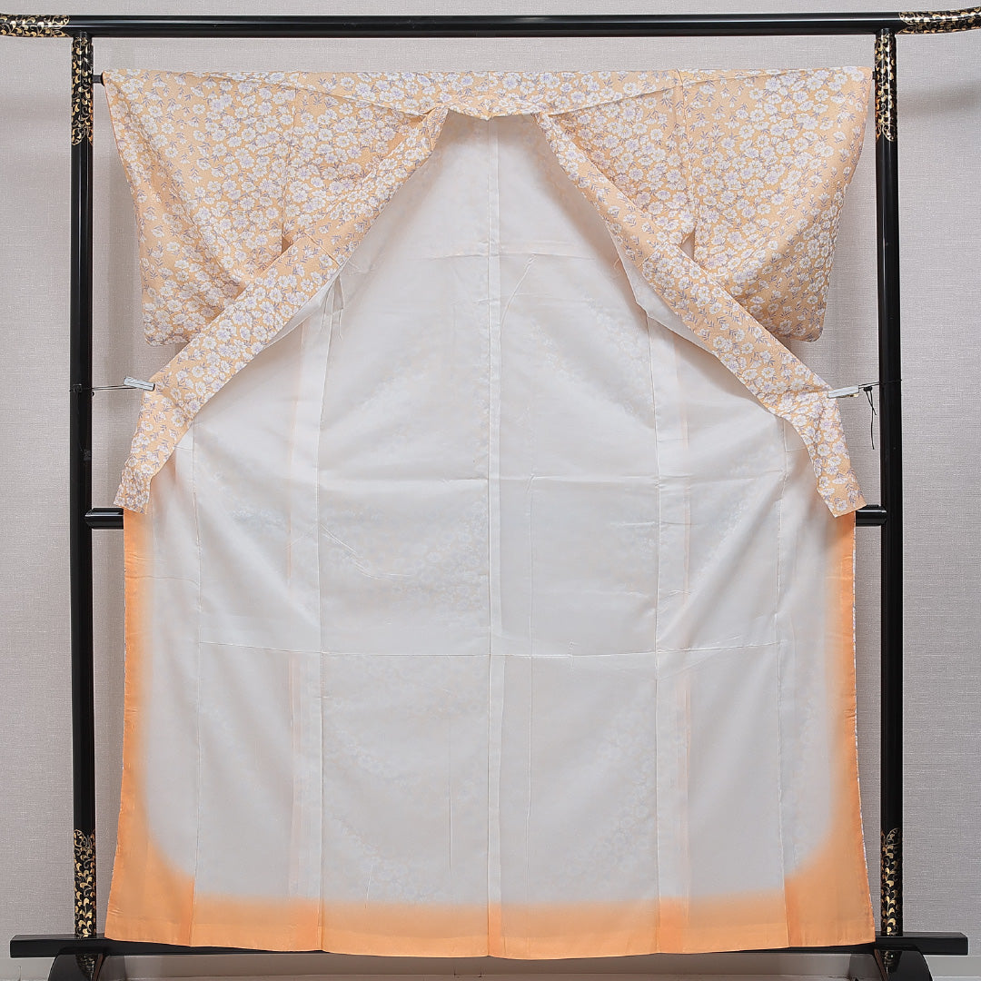 小紋 洗える着物 袷 身丈163cm 裄丈65cm ポリエステル Dランク Lサイズ 広衿 インフォーマル 撫子 クリーム系 朱系 1215-16353