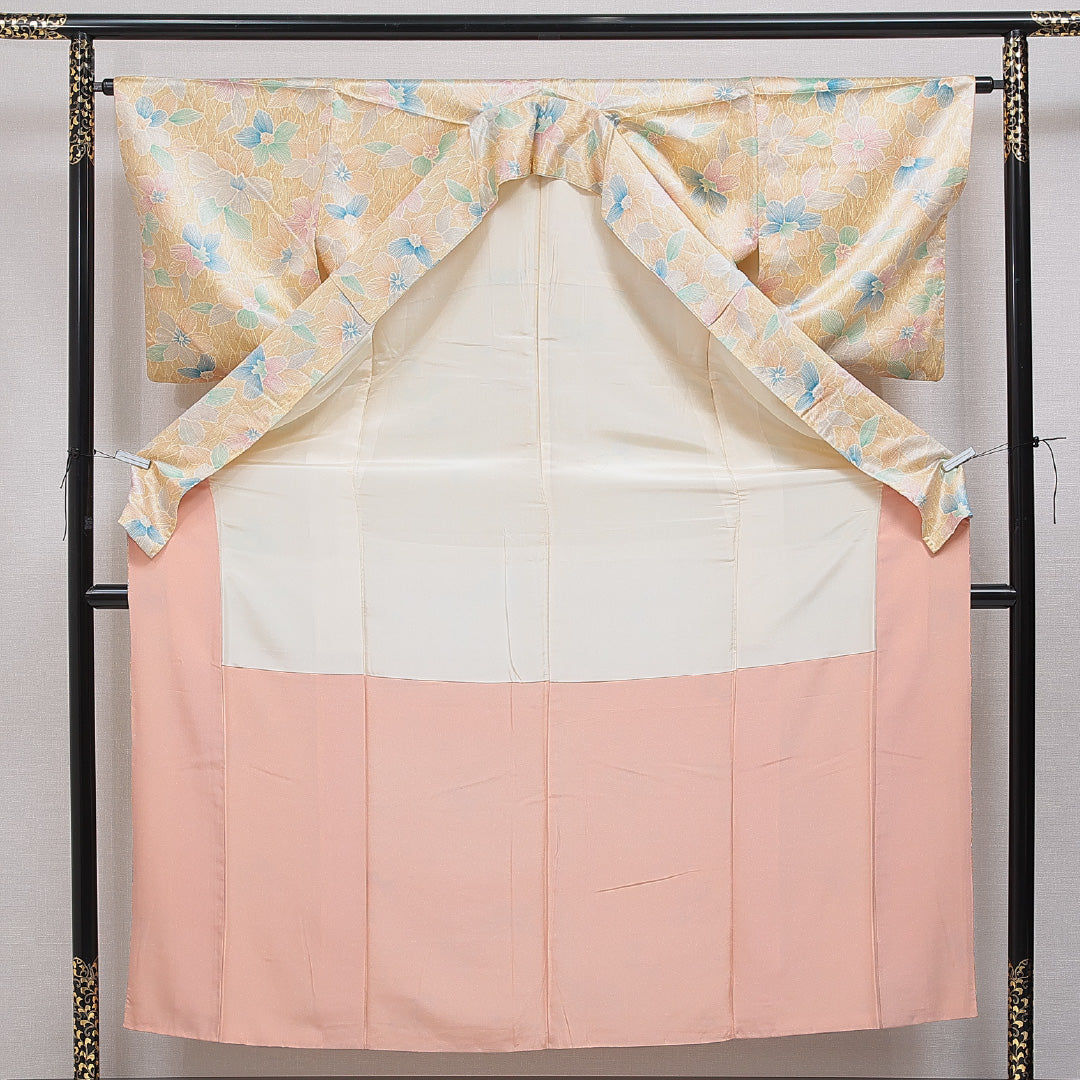 小紋 洗える着物 袷 身丈155cm 裄丈63cm ポリエステル Cランク Mサイズ 広衿 インフォーマル 花柄 朱系 1215-16116