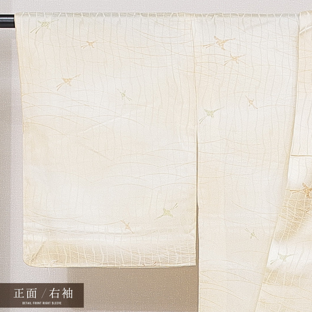 洗える着物 小紋 袷 身丈160cm 裄丈63cm ポリエステル Sランク インフォーマル 広衿 Lサイズ 芝草 創作柄 クリーム系 RP 1221-15854