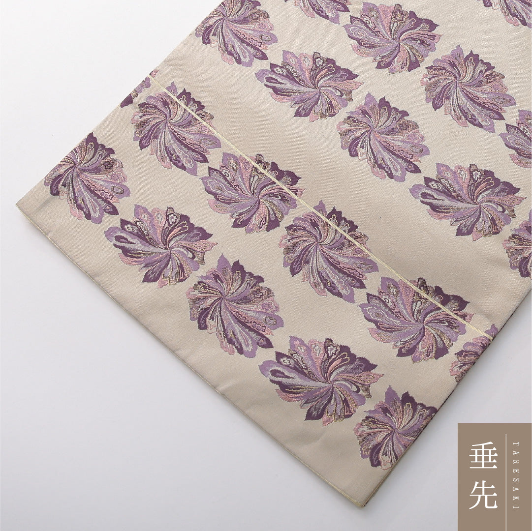 九寸名古屋帯 帯丈360cm カジュアル 開き仕立て 全通 Sランク 正絹 花柄 ベージュ系 1224-03823