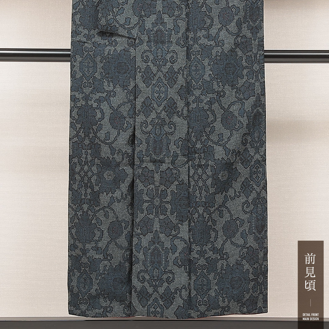 紬 袷 身丈150cm 裄丈61cm 正絹 Sランク カジュアル 広衿 Sサイズ 唐華 グレー系 M4 1223-16928