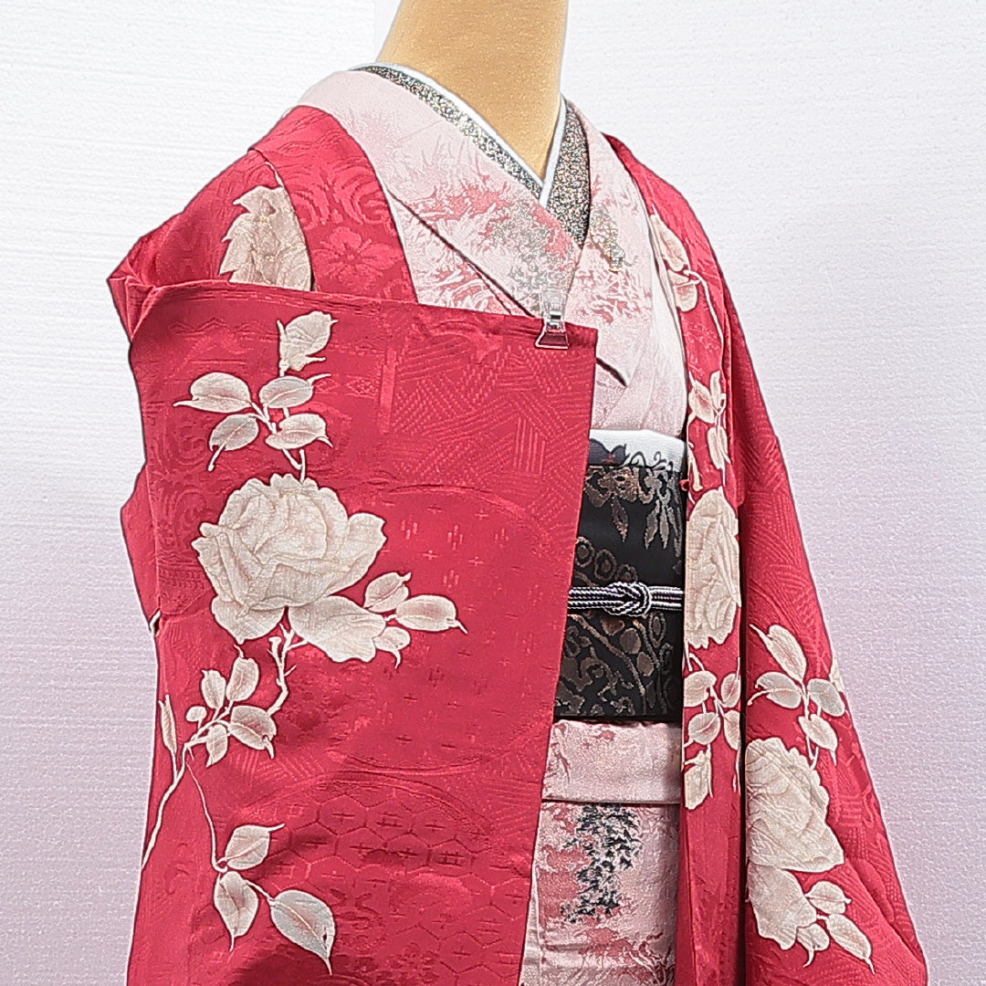 アンティーク 羽織 袷 身丈93cm 裄丈62cm 正絹 Bランク Sサイズ 紋意匠 吉祥文様 薔薇 ピンク系 1217-16837