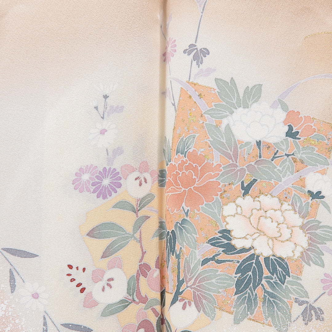 訪問着 袷 身丈153cm 裄丈62cm 正絹 Sランク Sサイズ 広衿 セミフォーマル 雪輪 牡丹 ぼかし染 金彩 ピンク系 クリーム系 1212-15878