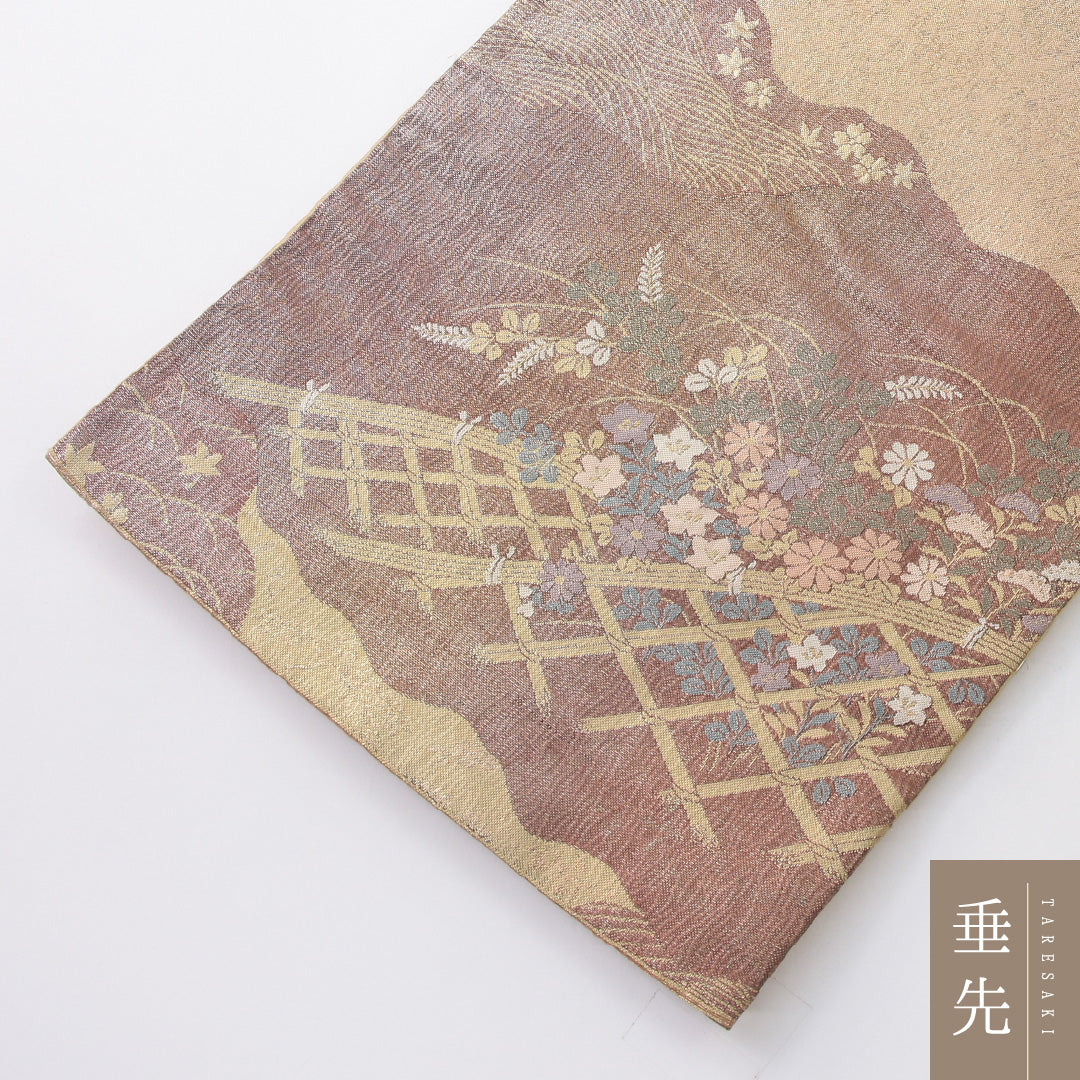 袋帯 帯丈434cm 正絹 六通 帯芯なし フォーマル 綴れ織 琳派 光悦垣 四季山野 多色系 1243-02227