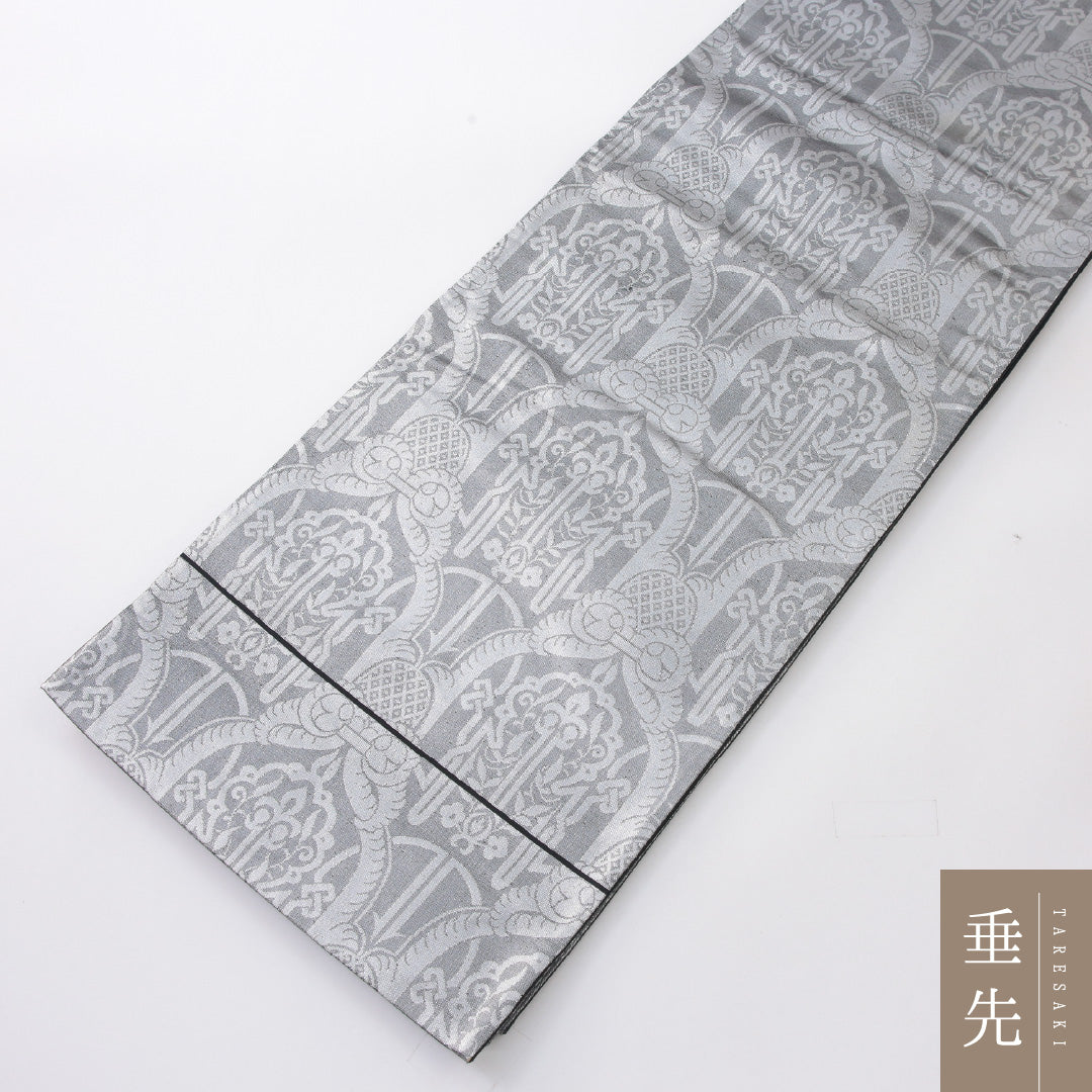 袋帯 帯丈414cm セミフォーマル 六通 帯芯なし Aランク 正絹 ペルシャ文様 銀系 1223-02230