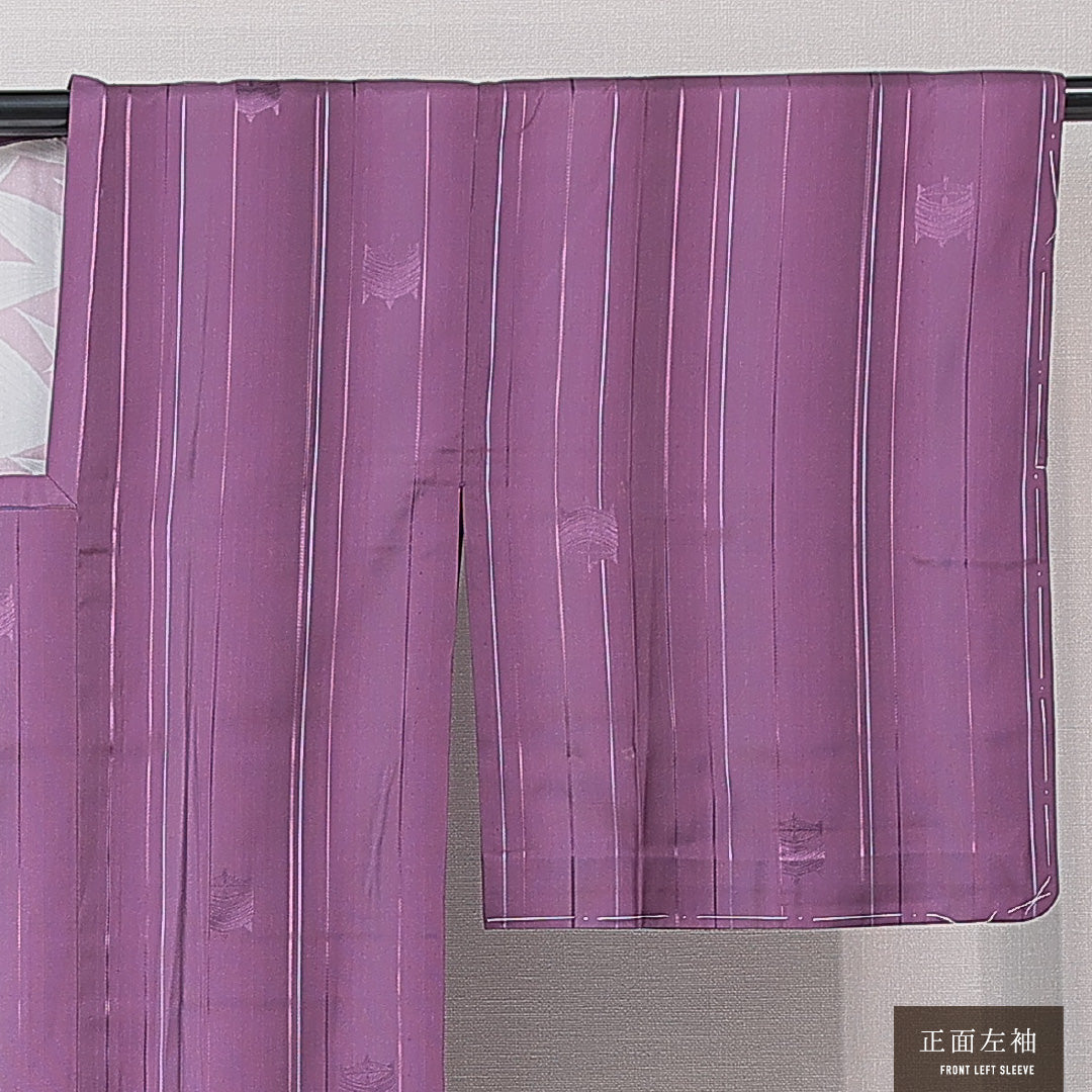 道行コート 単衣 身丈124cm 裄丈64cm 正絹 Sランク Mサイズ ポケットあり 縞 紫系 RP 1237-15174