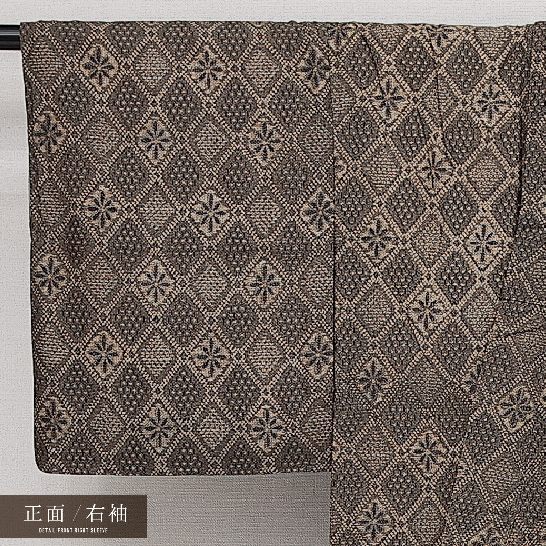 アンティーク 紬 袷 身丈146cm 裄丈60cm 正絹 紬ランク XSサイズ バチ衿 菱 グレー系 茶系 1216-14361