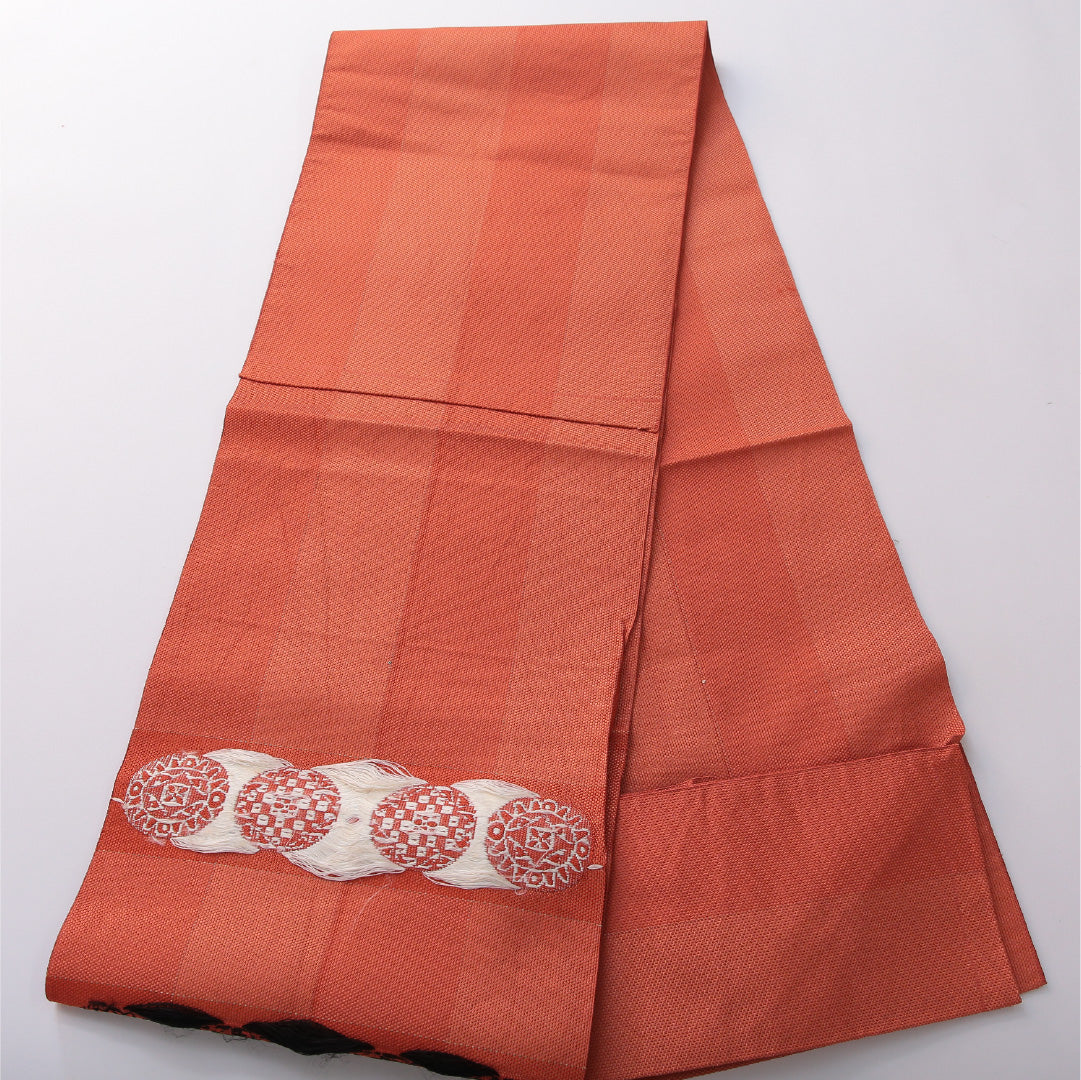 八寸名古屋帯 帯丈361cm カジュアル 松葉仕立て ポイント柄 Cランク 正絹 創作柄 朱系 1224-03620