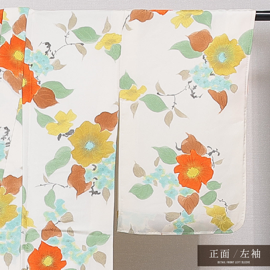 小紋 袷 身丈160cm 裄丈64cm 正絹 Sランク インフォーマル バチ衿 Lサイズ 紫陽花 椿 クリーム系 RP 1221-15595