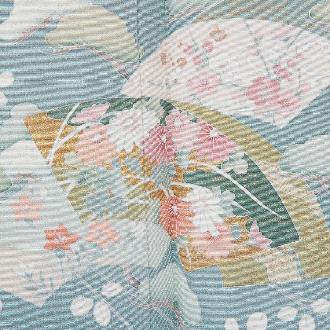 訪問着 袷 身丈155cm 裄丈66cm 正絹 Bランク Mサイズ 広衿 セミフォーマル 扇 流水 菊 水色系 1212-15654