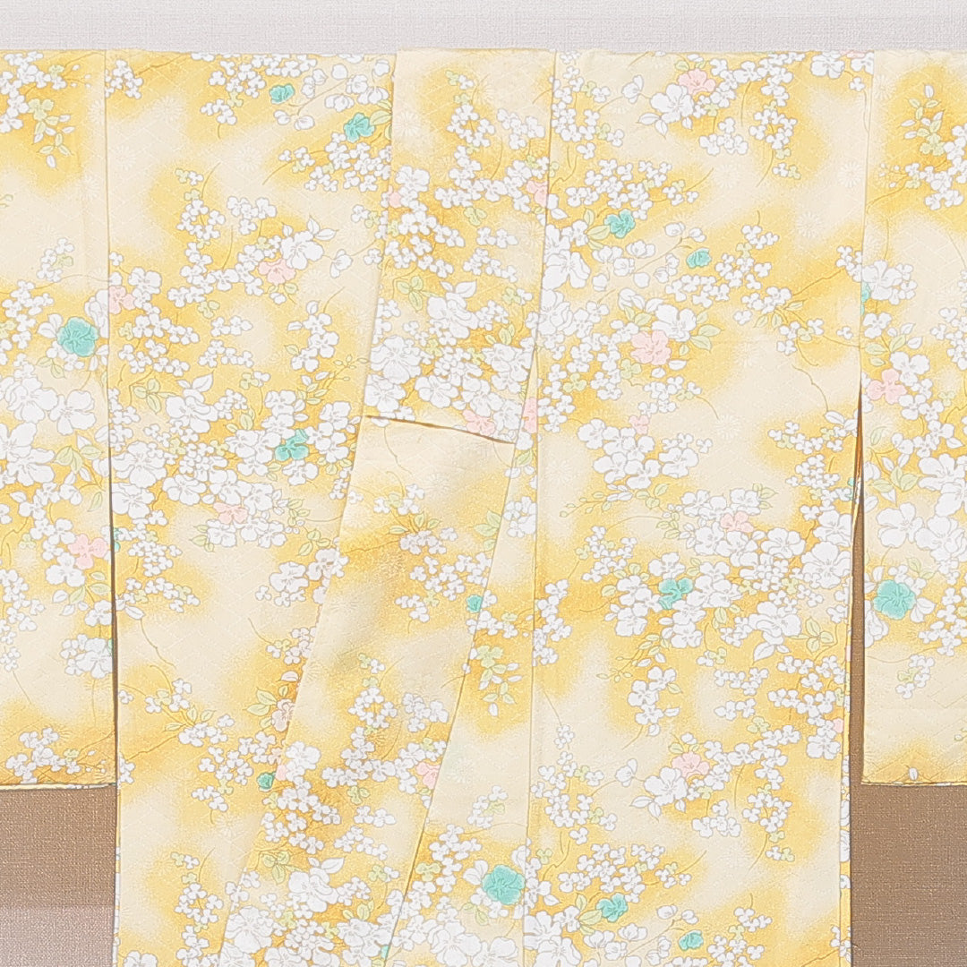 小紋 袷 身丈159cm 裄丈64cm 正絹 Cランク インフォーマル 広衿 Mサイズ 花柄 黄系 HP 1221-15097