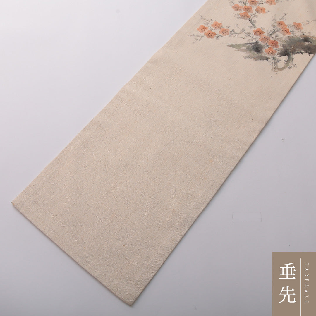 九寸名古屋帯 Cランク 帯丈348cm 正絹 ポイント柄 名古屋仕立て 織り・染め カジュアル 紬 梅 クリーム系 RP 1245-03410