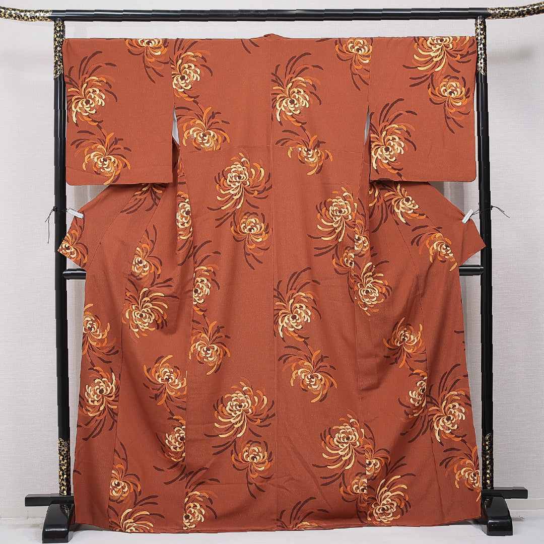 小紋 袷 身丈171cm 裄丈68cm 正絹 Sランク インフォーマル 広衿 2XLサイズ 菊 茶系 RP 1221-15714