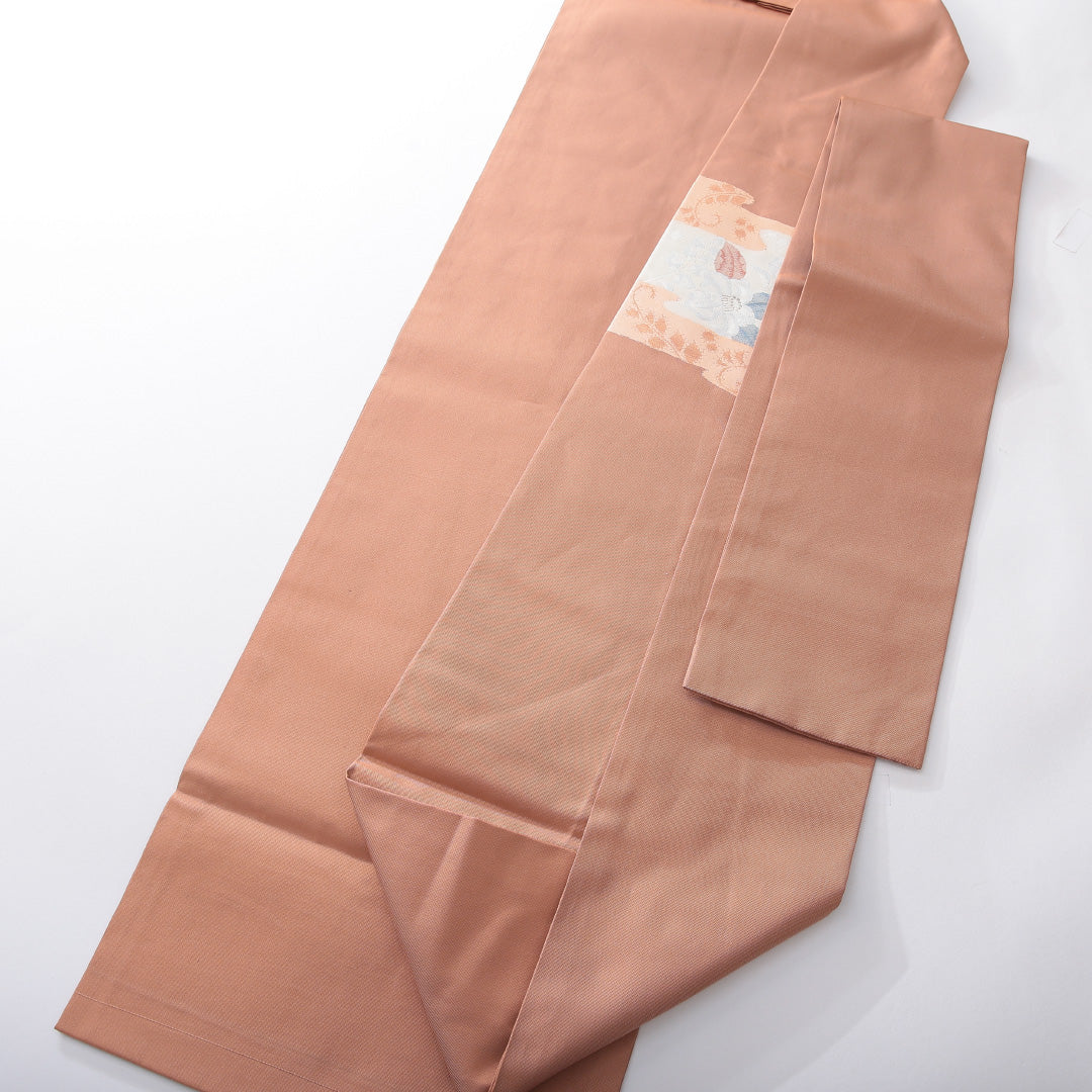 九寸名古屋帯 帯丈354cm インフォーマル 名古屋仕立て ポイント柄 Sランク 正絹 椿 ピンク系 朱系 1224-03920