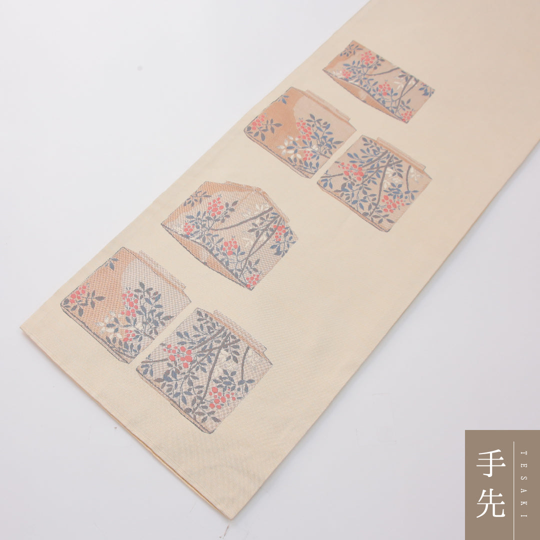 未使用品 袋帯 帯丈432cm 正絹 六通 帯芯なし インフォーマル 創作柄 クリーム系 1243-02319