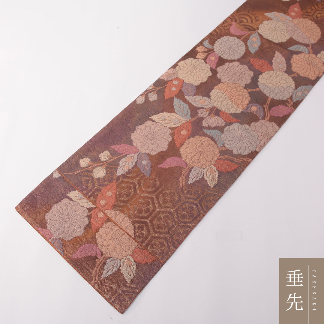 袋帯 帯丈424cm 正絹 全通 セミフォーマル 菊 吉祥文様 ピンク系 朱系 1243-01777