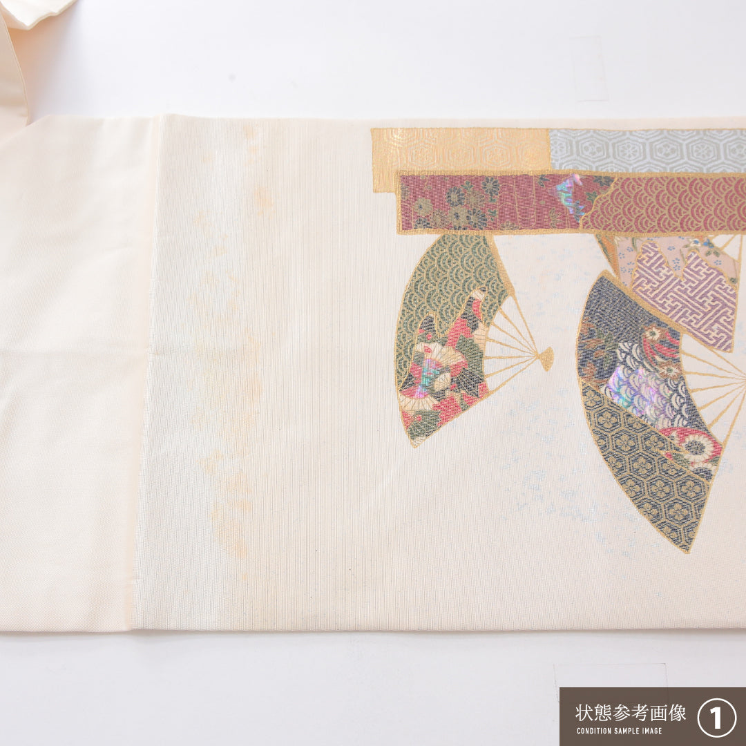 九寸名古屋帯 Bランク 帯丈355cm 正絹 ポイント柄 名古屋仕立て 織り セミフォーマル 扇面文 クリーム系 RP 1245-04004