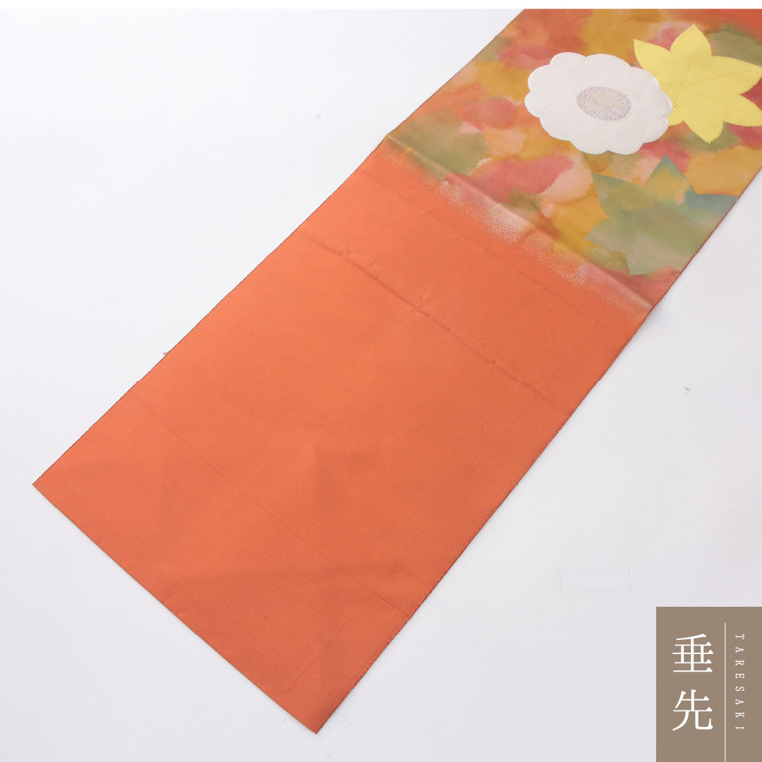 九寸名古屋帯 Sランク 帯丈350cm 正絹 ポイント柄 名古屋仕立て 織り インフォーマル 菊 朱系 LP 1245-04059