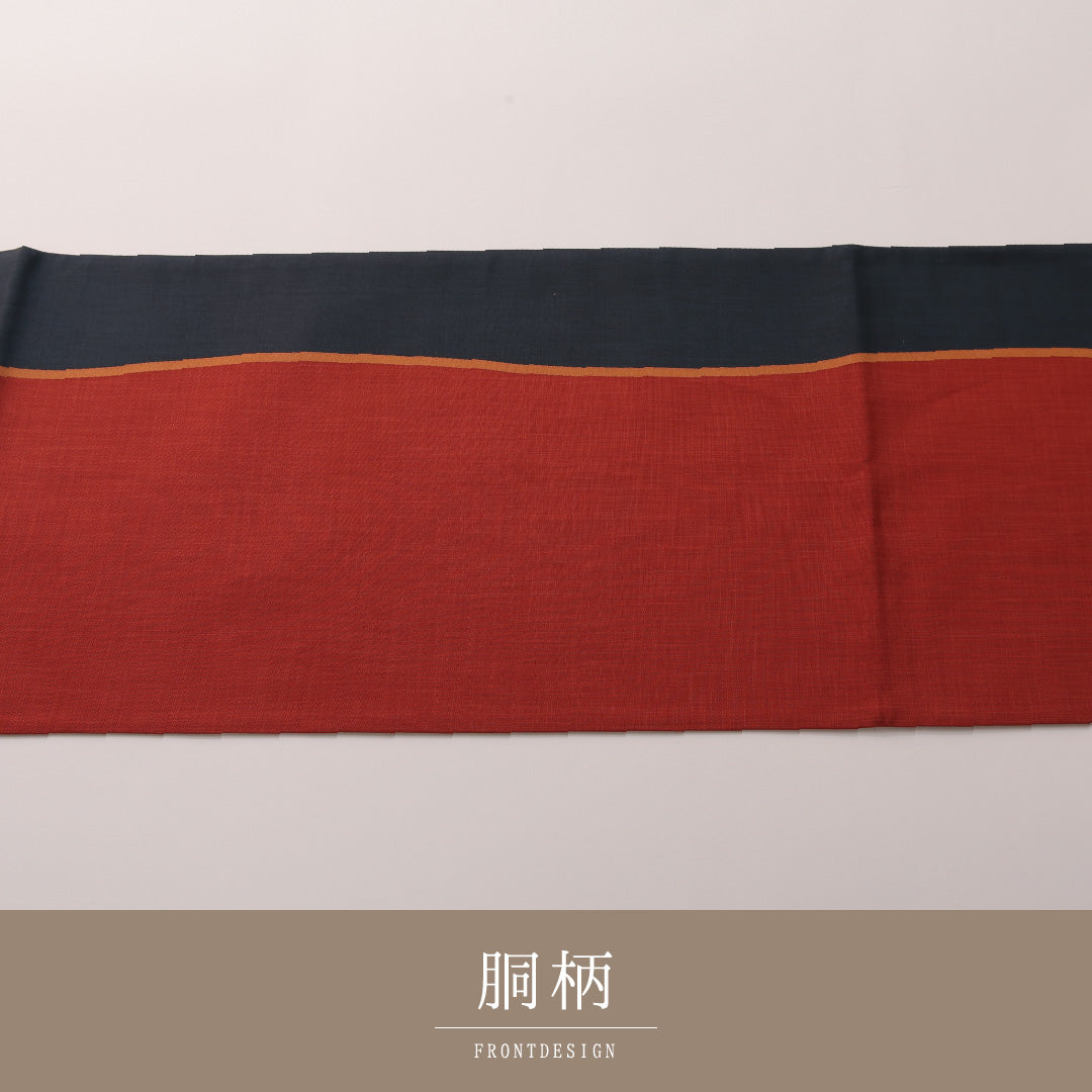 袋帯（紬） 帯丈428cm 正絹 六通 カジュアル 抽象柄 朱系 紺系 1243-01879