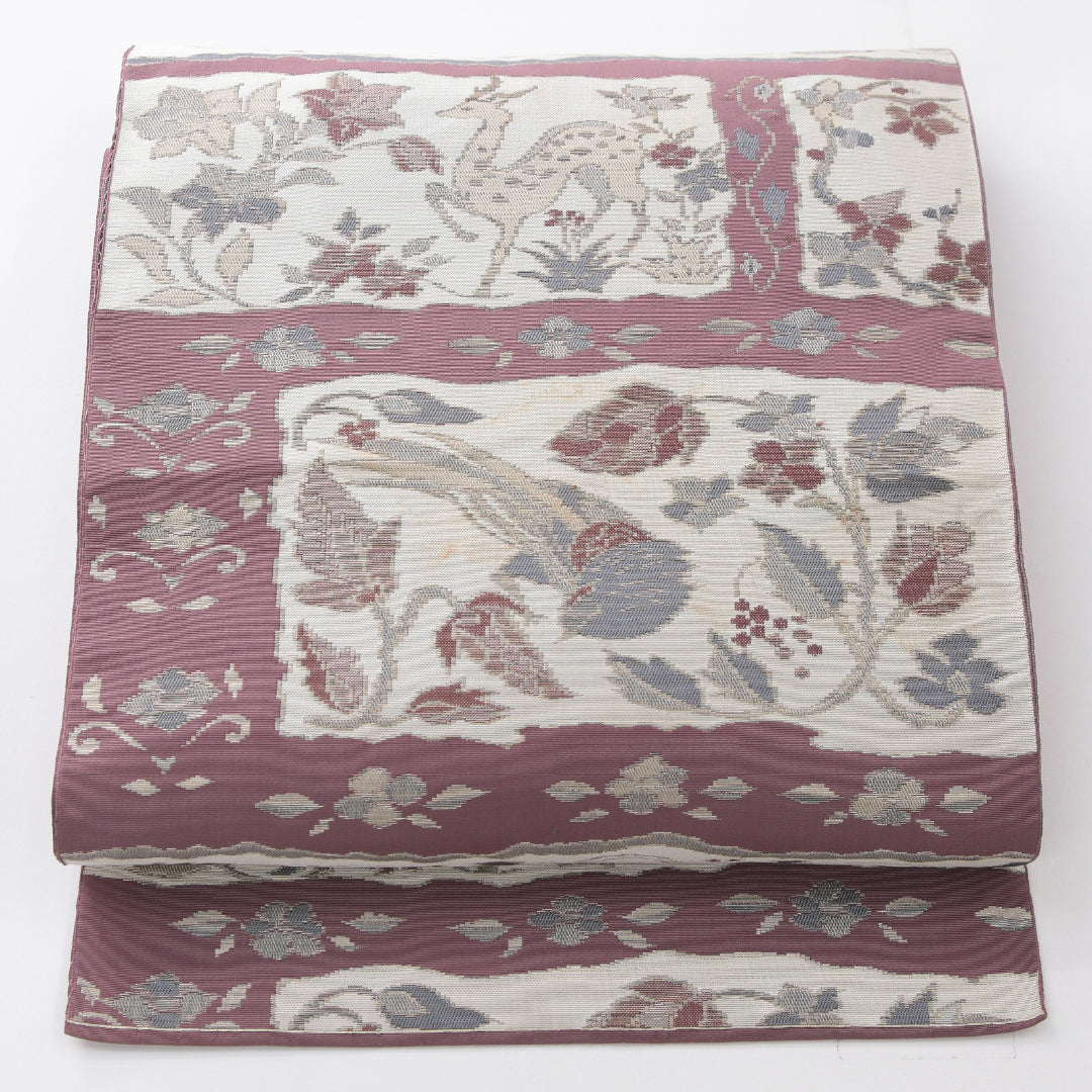 八寸名古屋帯 帯丈355cm カジュアル 名古屋仕立て 六通 帯芯なし Cランク 正絹 鷹 花柄 ピンク系 クリーム系 1224-03998