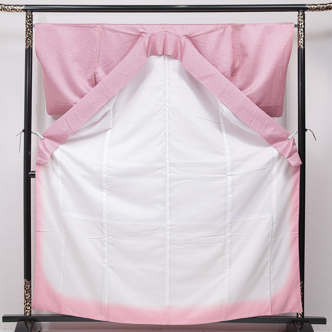 江戸小紋 洗える着物 袷 身丈163cm 裄丈63cm ポリエステル Cランク Lサイズ 広衿 一つ紋（五三桐） セミフォーマル 紋意匠 創作柄 ピンク系 1262-15825